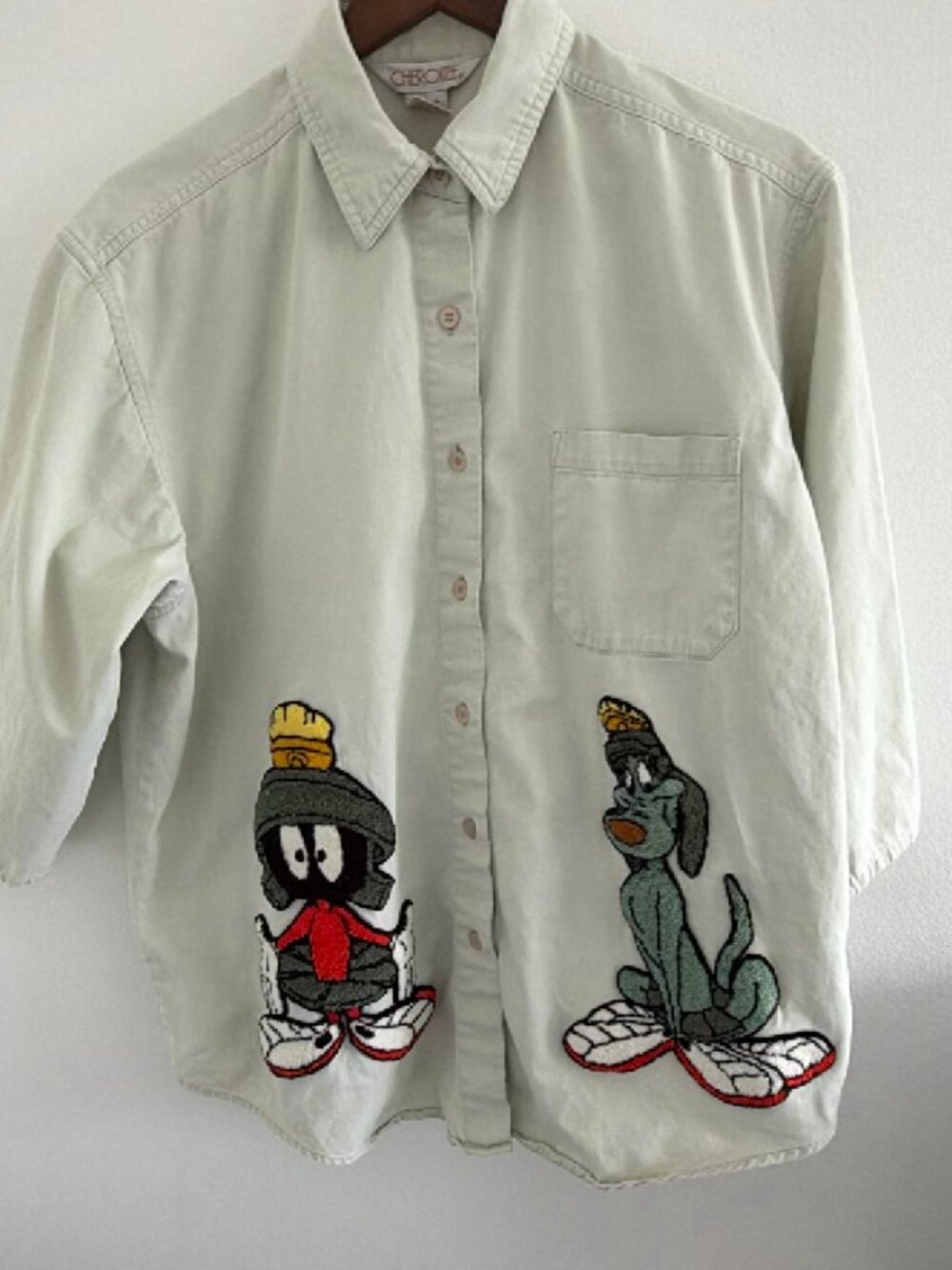 vintage made in hong kong Cherokee Looney Tunes Embroidered Denim Shirt Cream L